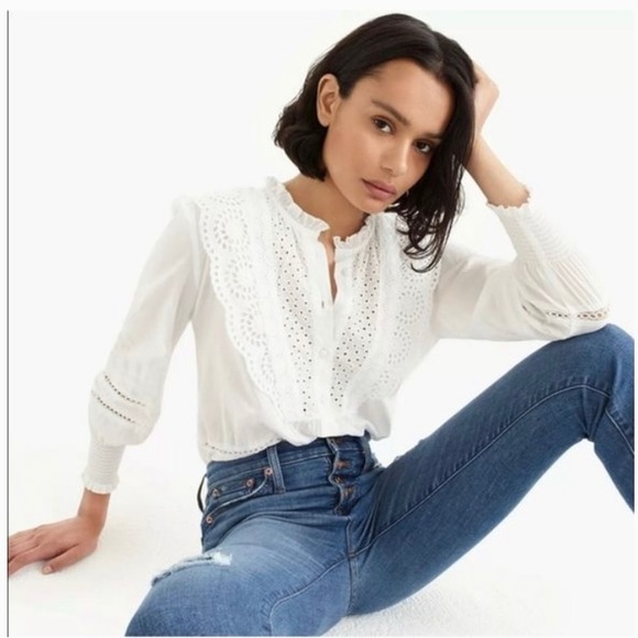 J. Crew Tops - J. Crew Ruffle-neck eyelet white blouse size 8